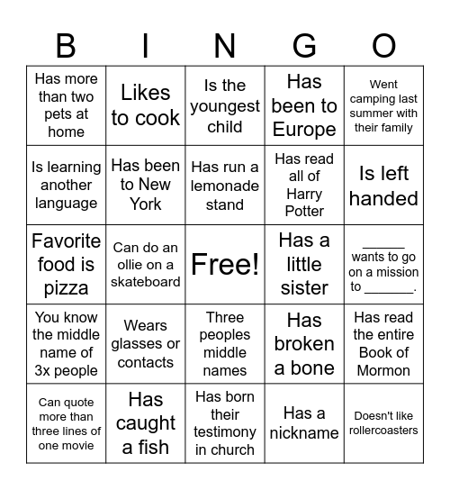 GET TO KNOW OTHERS BINGO Card