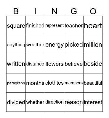 Vocabulary Bingo Card