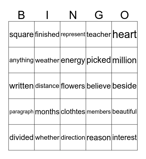 Vocabulary Bingo Card