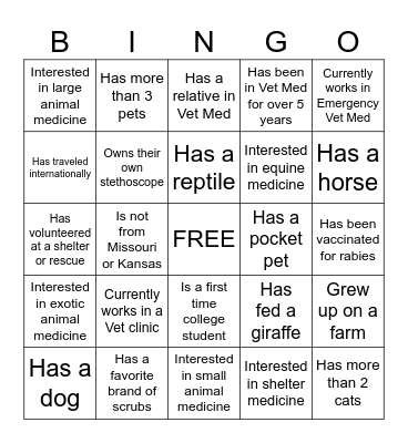 Vet Tech BINGO Card
