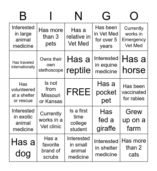 Vet Tech BINGO Card