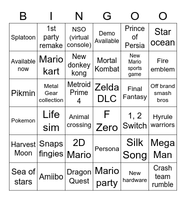 Nintendo Direct 2023 Bingo Card