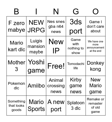 Nintendo Direct Bingo Card