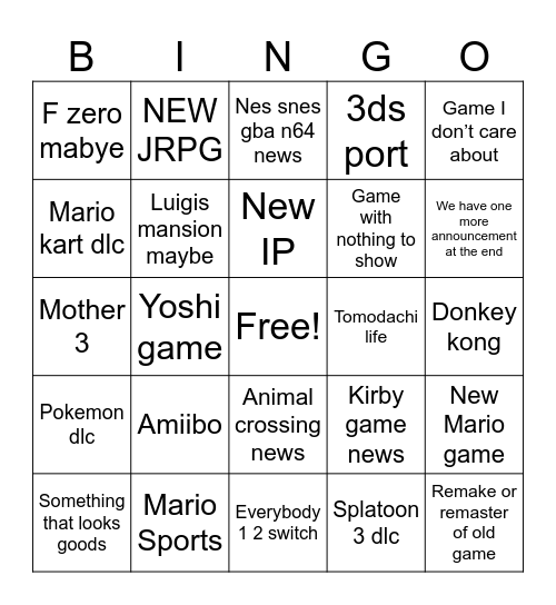 Nintendo Direct Bingo Card