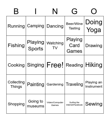 Hobbies/ Free Time Activies Bingo Card