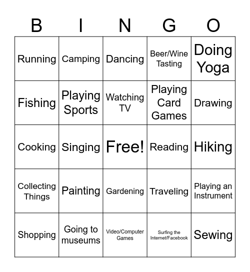 Hobbies/ Free Time Activies Bingo Card