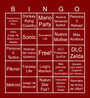 Nintendo Direct Bingo Card