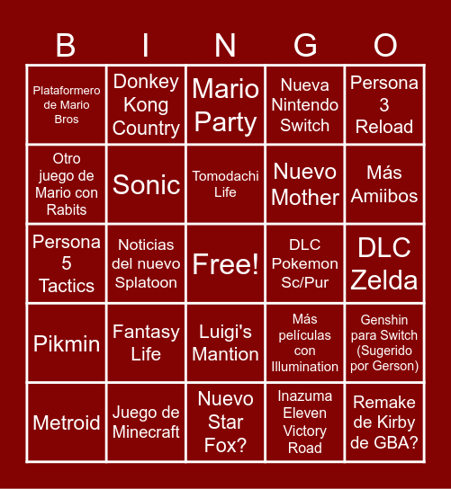 Nintendo Direct Bingo Card