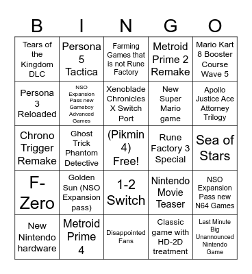 Nintendo Direct June 2023 Bingo Card