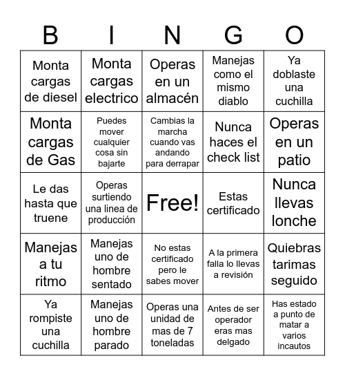 Bingo del Montacargas Bingo Card
