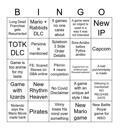 Nintendo Direct Bingo Card