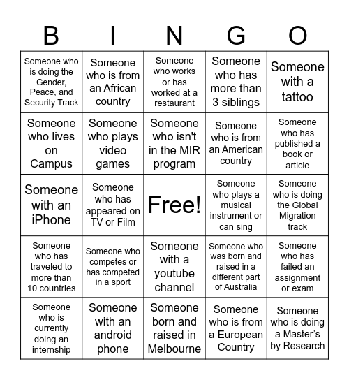 Get to know the MIR program Bingo Card