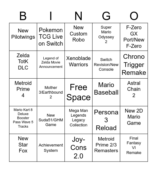 Nintendo Direct 6/21/23 Bingo Card