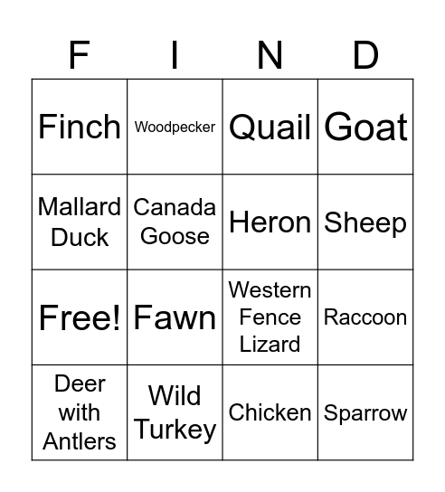Wildlife Find-O Bingo Card