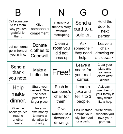 Generosity Bingo Card
