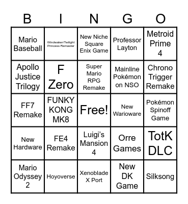 Nintendo Direct 6.21.23 Bingo Card