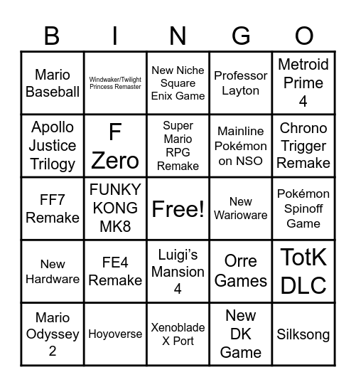 Nintendo Direct 6.21.23 Bingo Card