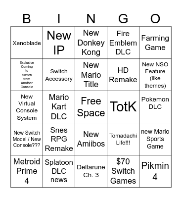 Nintendo Direct 2023 Bingo Card