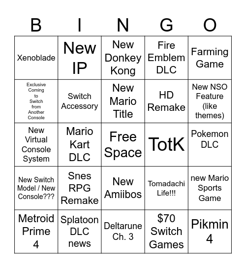 Nintendo Direct 2023 Bingo Card