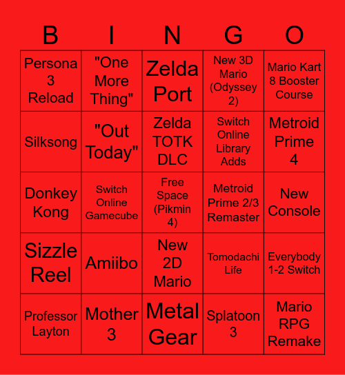 Nintendo Direct 6/21/23 Bingo Card