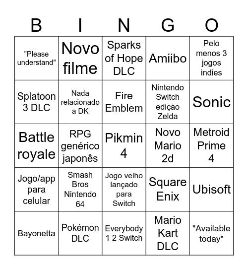 Nintendo Direct 21/06/2023 Bingo Card