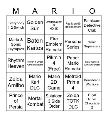 Summer Nintendo Direct Bingo Card