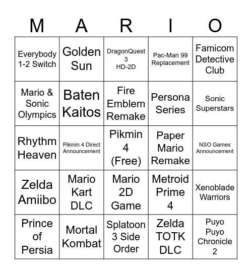 Summer Nintendo Direct Bingo Card