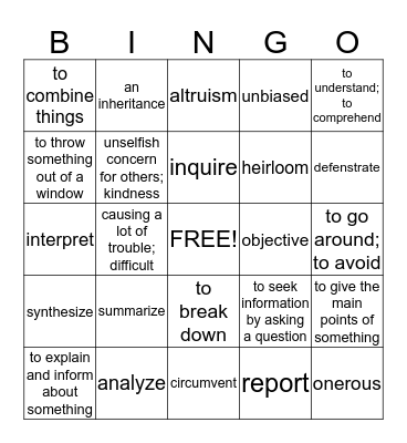 Semester Two- Vocab Quiz #1 Review Bingo Card