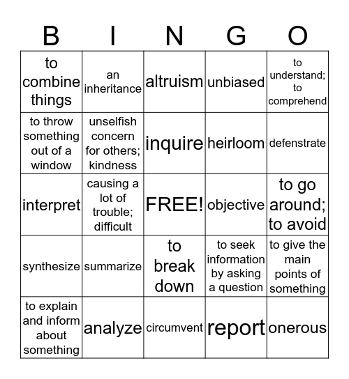 Semester Two- Vocab Quiz #1 Review Bingo Card