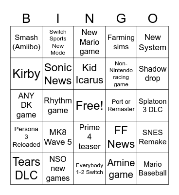 Nintendo Direct Bingo Card