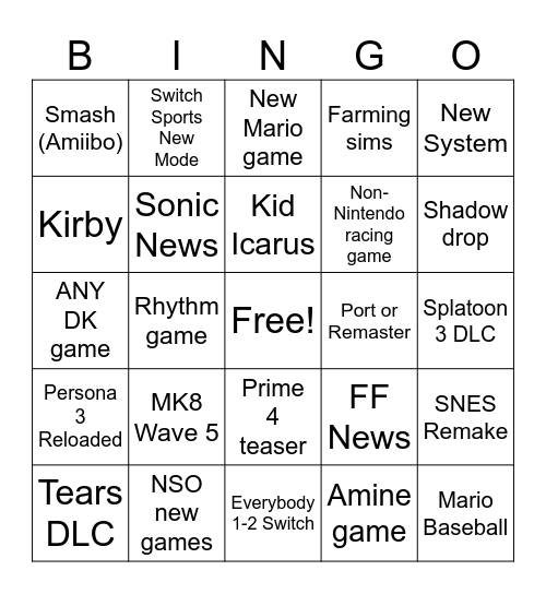 Nintendo Direct Bingo Card