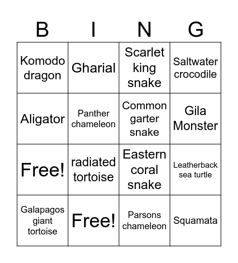 Reptile Bingo Card