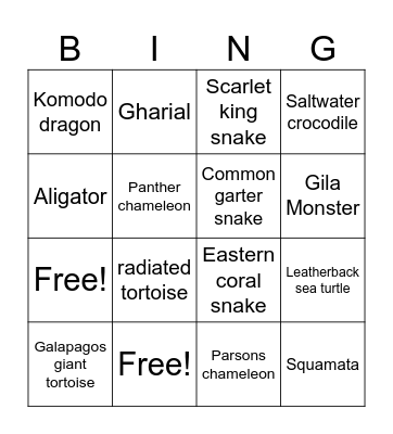 Reptile Bingo Card
