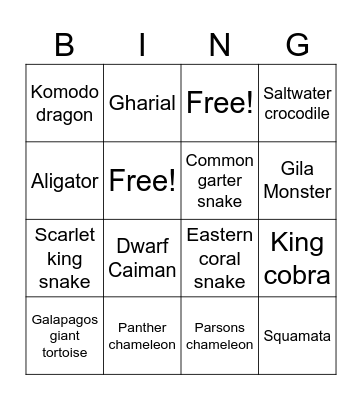 Reptile Bingo Card