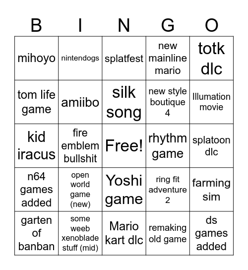 Nintendo Direct Bingo Card