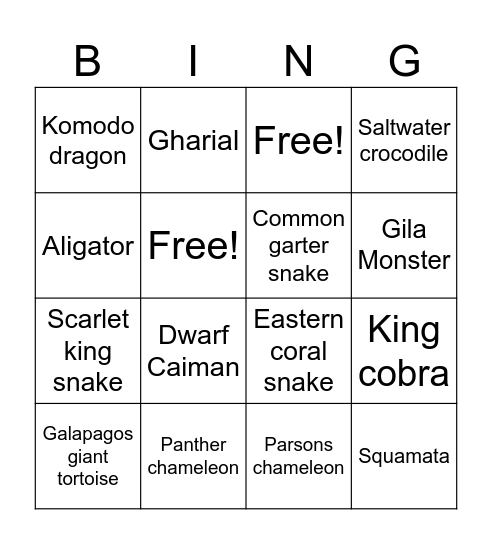 Reptile Bingo Card