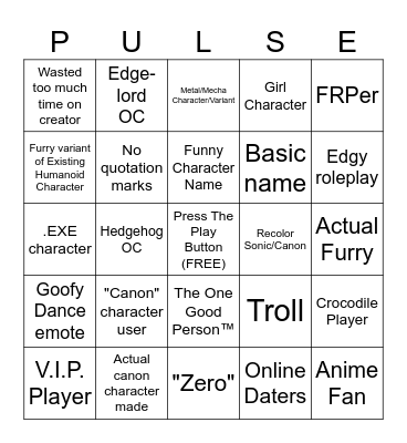 Sonic Pulse RP Bingo Card