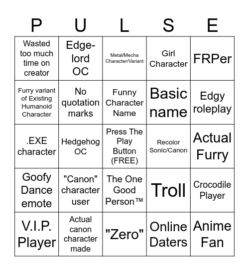 Sonic Pulse RP Bingo Card