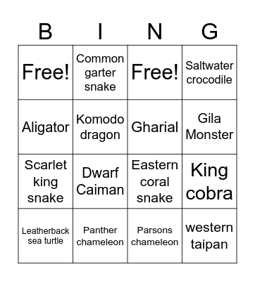 Reptile Bingo Card