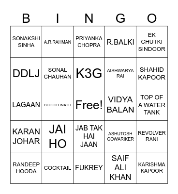 Bollywood Bingo Card