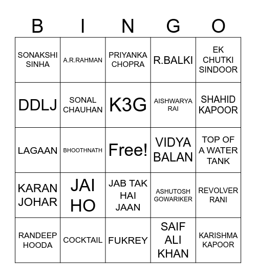 Bollywood Bingo Card