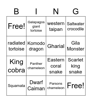 Reptile Bingo Card