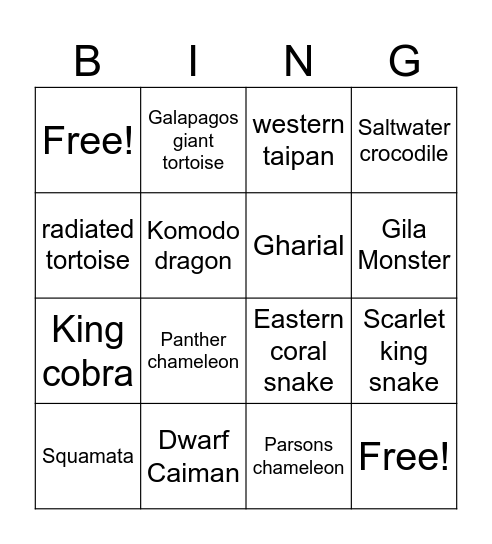 Reptile Bingo Card