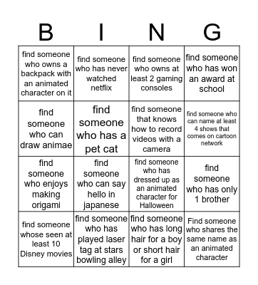 Animation club Bingo Card