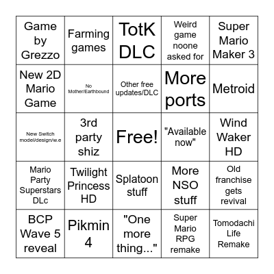Nintendo Direct 21/06/2023 Bingo Card