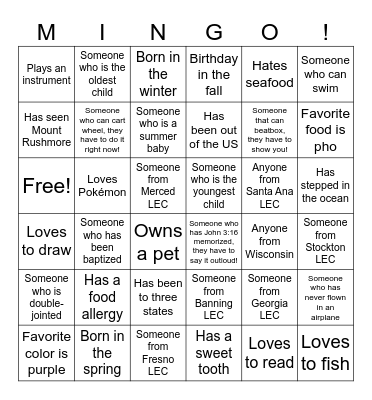 LEC YOUTH CAMP 2023 Bingo Card