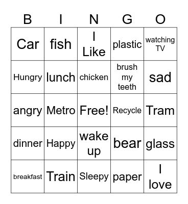 English Bingo Card