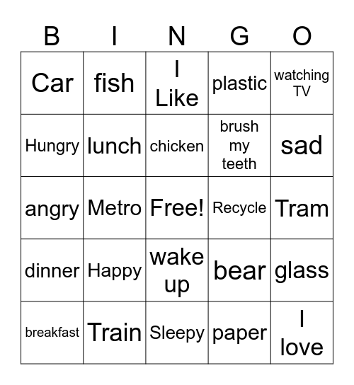 English Bingo Card