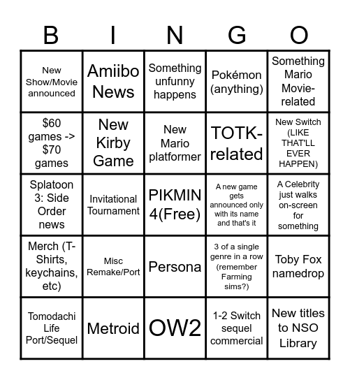 Nintendo Direct (June 2023) Bingo Card