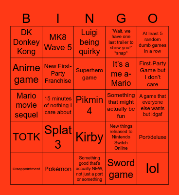 Nintendo Direct June 2023 Bingo Card